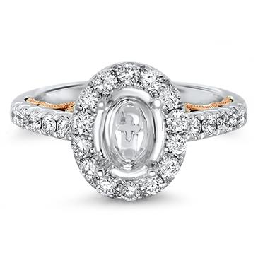 Prima Diamond Oval Halo Eng Ring with RG side Scroll Prima Diamond Oval Halo Eng Ring with RG side Scroll